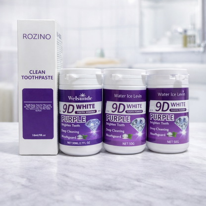 Kit Blanqueador Dental Morado 9D – 3 Polvos Blanqueadores + 1 Líquido