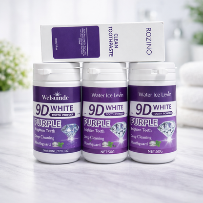 Kit Blanqueador Dental Morado 9D – 3 Polvos Blanqueadores + 1 Líquido